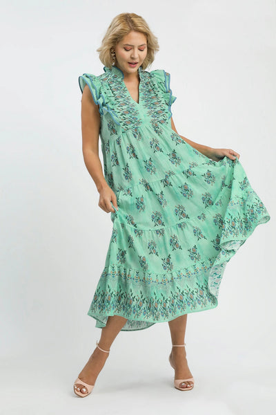 Mint Floral Boho Print Midi Dress