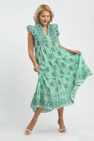 Mint Floral Boho Print Midi Dress