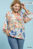 Blue Mix Floral LS Scallop Top