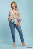 Blue Mix Floral LS Scallop Top