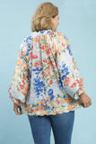 Blue Mix Floral LS Scallop Top
