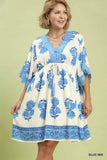 Blue Floral Dress with Lace Applique