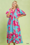 Pink Floral Blue V Neck Dress