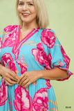 Pink Floral Blue V Neck Dress