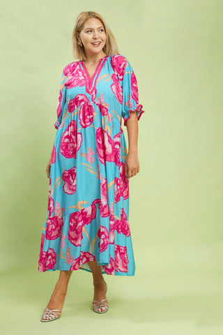 Pink Floral Blue V Neck Dress