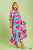 Pink Floral Blue V Neck Dress