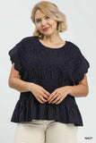Linen Blend Smocked Peplum Top in Navy Pinstripe