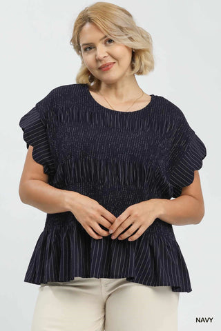 Linen Blend Smocked Peplum Top in Navy Pinstripe