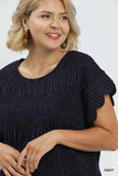 Linen Blend Smocked Peplum Top in Navy Pinstripe