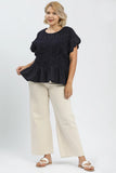 Linen Blend Smocked Peplum Top in Navy Pinstripe