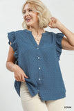 Swiss Dot Ruffle Sleeve Top in Denim Blue