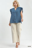 Swiss Dot Ruffle Sleeve Top in Denim Blue