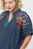 Embroidered Sleeve Denim V Neck Top in Dark Wash