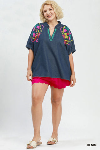 Embroidered Sleeve Denim V Neck Top in Dark Wash