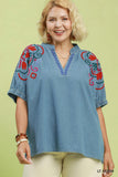 Embroidered Sleeve Denim V Neck Top in Medium Wash