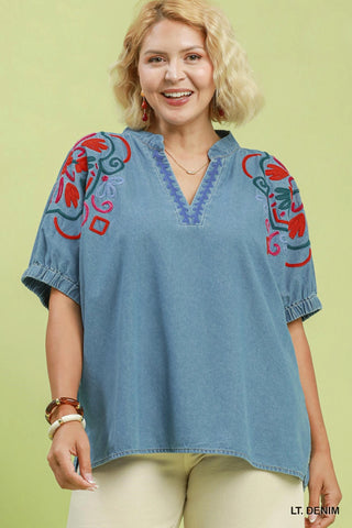 Embroidered Sleeve Denim V Neck Top in Medium Wash