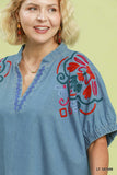 Embroidered Sleeve Denim V Neck Top in Medium Wash