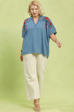 Embroidered Sleeve Denim V Neck Top in Medium Wash