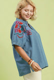 Embroidered Sleeve Denim V Neck Top in Medium Wash