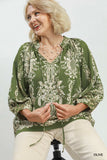Boho Print Tie Neck Top in Olive