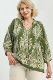 Boho Print Tie Neck Top in Olive