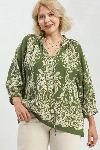 Boho Print Tie Neck Top in Olive