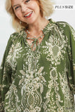 Boho Print Tie Neck Top in Olive