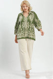 Boho Print Tie Neck Top in Olive