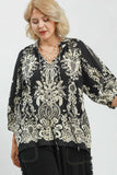 Boho Print Tie Neck Top in Black