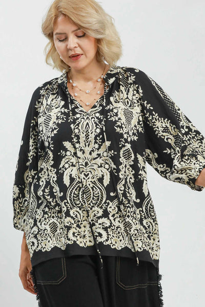 Boho Print Tie Neck Top in Black