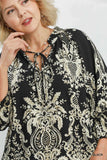 Boho Print Tie Neck Top in Black