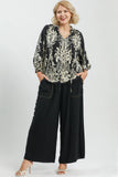 Boho Print Tie Neck Top in Black