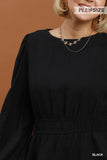 Smocked Waist LS Peplum Top in Black