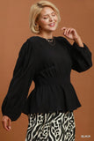 Smocked Waist LS Peplum Top in Black