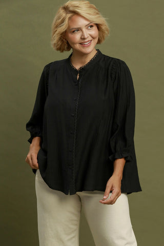 Scallop Lace Trim Button Up Top in Black