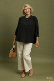 Scallop Lace Trim Button Up Top in Black