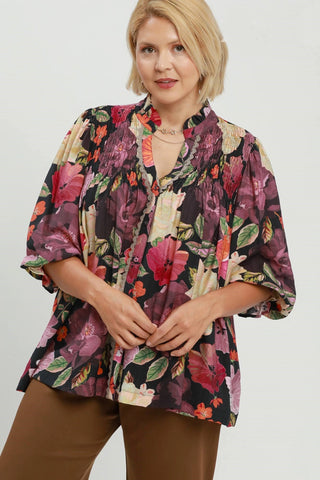 Mixed Floral Button Up Top in Black