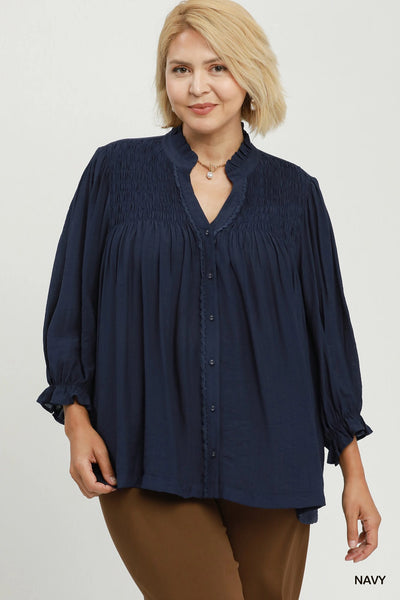 Smocked Yoke Button Up Top in Navy