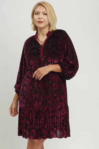 Patterned Velvet Tiered Dress in Merlot