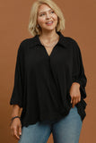 Collared V Neck Top with Scallop Hem in Black