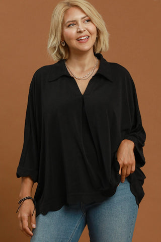 Collared V Neck Top with Scallop Hem in Black