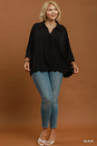 Collared V Neck Top with Scallop Hem in Black