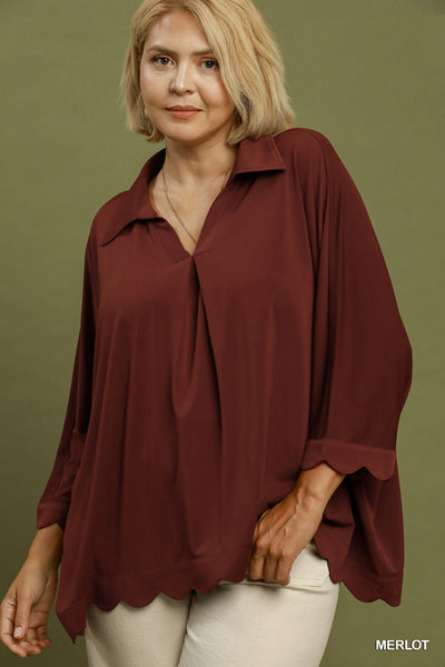 Collared V Neck Top with Scallop Hem in Merlot