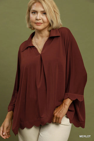 Collared V Neck Top with Scallop Hem in Merlot