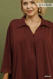 Collared V Neck Top with Scallop Hem in Merlot