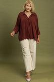 Collared V Neck Top with Scallop Hem in Merlot