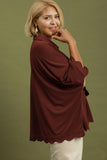 Collared V Neck Top with Scallop Hem in Merlot