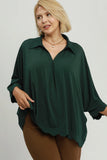 Collared V Neck Top with Scallop Hem in Green