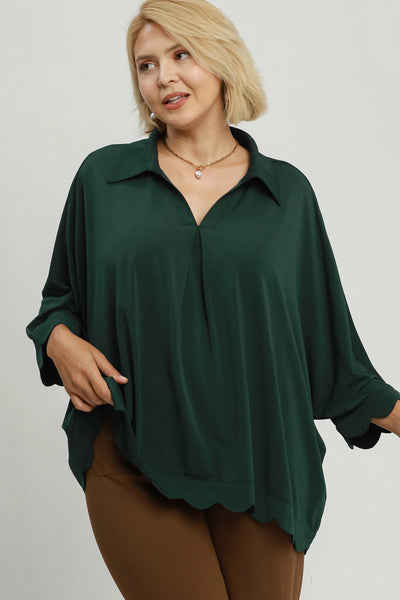 Collared V Neck Top with Scallop Hem in Green