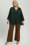 Collared V Neck Top with Scallop Hem in Green